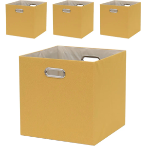 Cube Storage Bins 13×13x13 Inch, 4 Pack Collapsible Linen Fabric Storage Cubes with Handles, Thick Heavy Duty Storage Baskets for Shelves Kallax Bedroom Dormitory Toy Clothes, Yellow