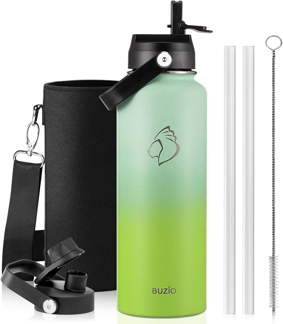 BUZIO 40oz Insulated Water Bottle, Triple Wall Stainless Steel Water Flask with 2 lids, Leakproof BPA-Free Straw Lid Sports Canteen for Sports Hiking, Cold 48H & Hot 24H- Gradient Green
