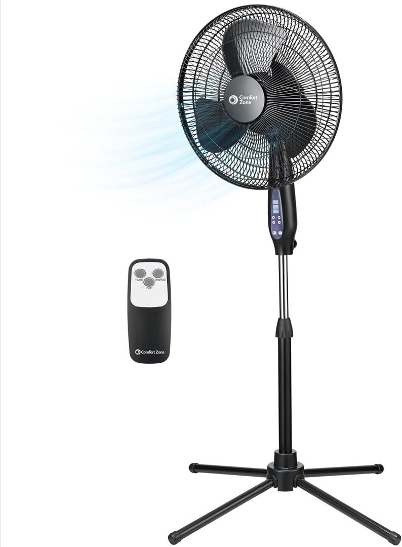 Comfort Zone 16-Inch Oscillating Pedestal Fan with Remote Control, 3-Speed High-Velocity Cooling, Adjustable Height & Tilt, Quad-Pod Folding Base, Black ETL Listed