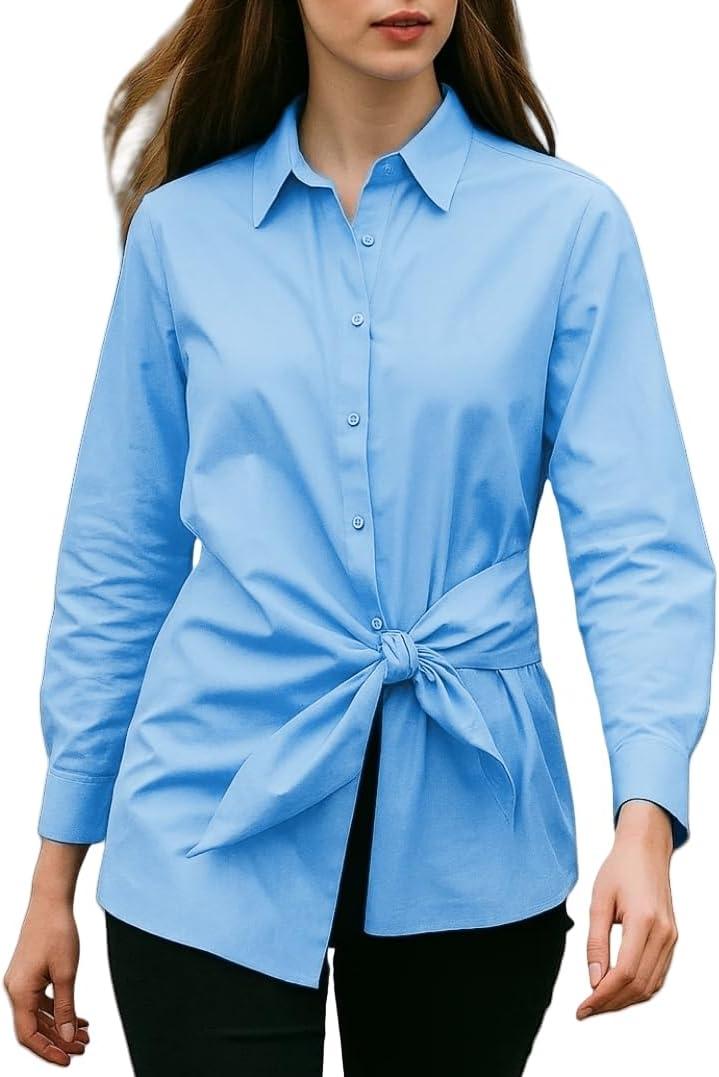 Womens Button Down Tie Front Shirt Long Sleeve Collared Pull on Blouse for Office Work Casual Wear Blue (M)