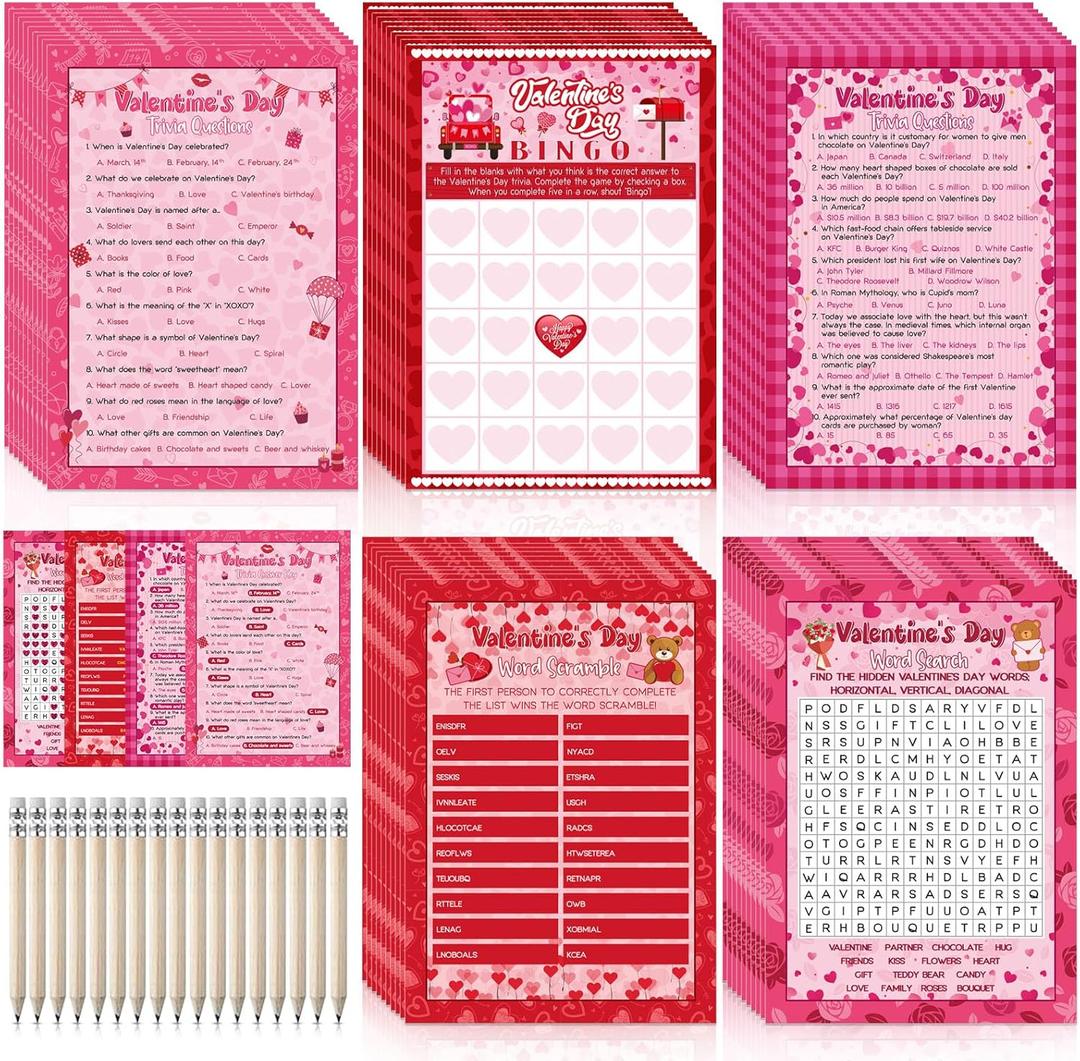 Pasimy 149 Pcs Valentine's Day Party Games 25 Players Valentines Day Word Search Scramble Bingo Card Trivia Game with Pencil for Valentine Gifts Family Large Group Activities Party Favors Supplies