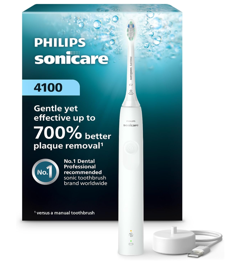 Philips Sonicare 4100 Series Electric Toothbrush  Sonic Toothbrush with Advanced Sonic Technology, Pressure Sensor, Two Intensity Settings, Smartimer & Quadpacer, White, Model HX3681/23