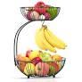 RICCLE Fruit Basket For Kitchen Counter - Fruit Basket With Banana Hanger - Double Layer Metal Wire Fruit Bowl For Countertop - Fruit Holder For Produce, Vegetables