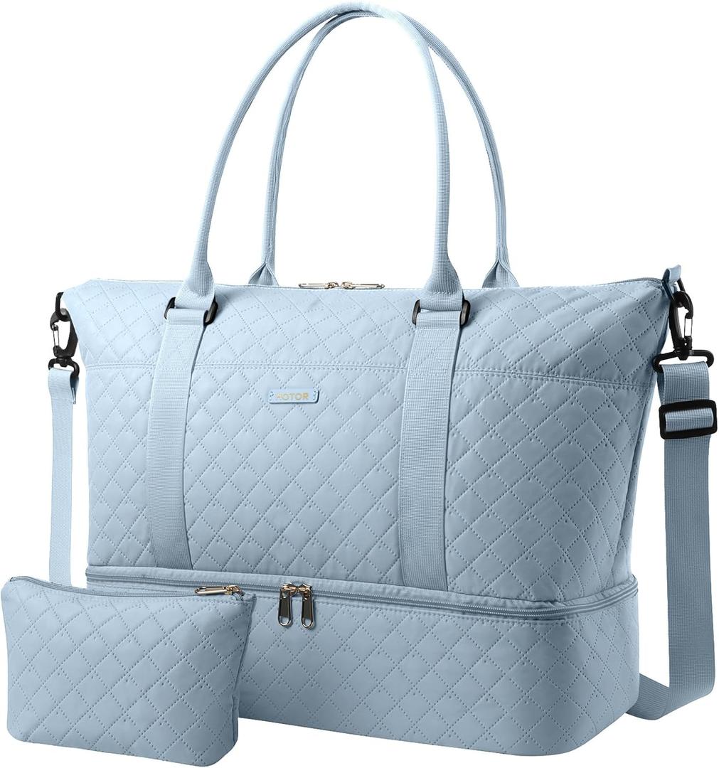 HOTOR Travel Duffel Bag - Weekender Bags for Women, Gym Tote Bags with Shoe Compartment, Carry On Overnight Bag with Toiletry Bag for Travel Essentials and Travel Accessories, Blue, 13.4"17.3"7.9"