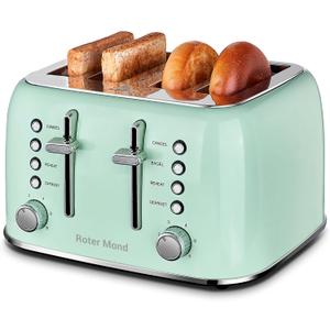 Roter Mond Toaster 4 Slice Retro Stainless Steel with Extra Wide Slots Bagel, Defrost, Reheat Function, Dual Independent Control Panel, Removable Crumb Tray, 6 Browning Levels, Aqua Green