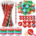 PerKoop 240 Pcs Christmas School Stationery Set Christmas Classroom Gifts Prizes Bulk Include Pencils Eraser Sharpener Silicone Bracelet for Students Kid Party Favor Holiday Stockings Filler Goodie