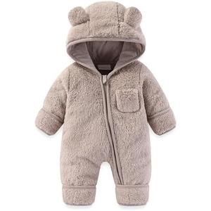 AiWMGL Newborn Baby Bear Outfit With Fold-Over Mittens and Footies Girls Boys Winter Fleece Clothes Hooded Romper Snowsuit, 12-18 month
