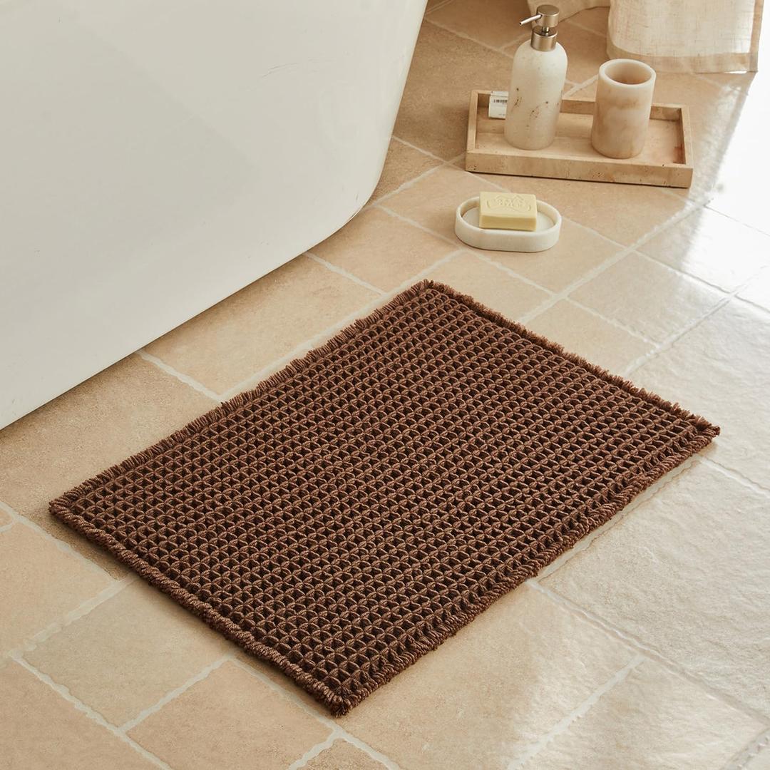 Waffle Bath Mat, Small Boho Bathroom Rugs Non Slip Washable, Ultra Soft Super Absorbent Quick Dry Farmhouse Bathroom Decor, 16" x 24", Mocha