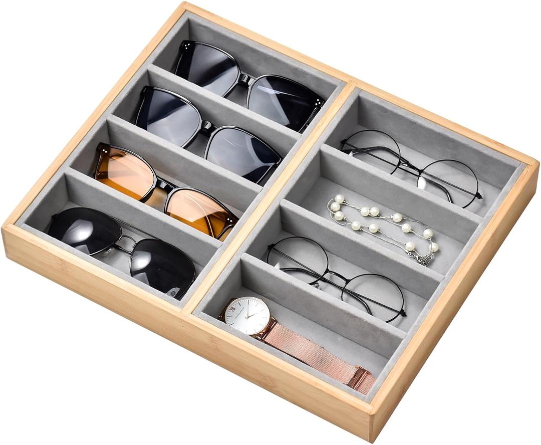 Natural bamboo Glasses Eyeglass Eyewear Sun glasses Sunglasses Box Storage Case Tray Display Showcase Organizer Box (Grey 8 Grids)