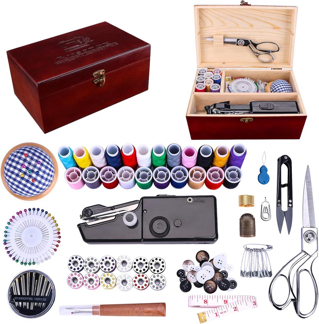 Handheld Sewing Machine, with Elegant Wooden Sewing Box and 153-Piece Sewing Kit, Mini Portable Cordless Hand held Sewing Device, Perfect for Adults, Beginners, and Quick Home Repairs (Black)
