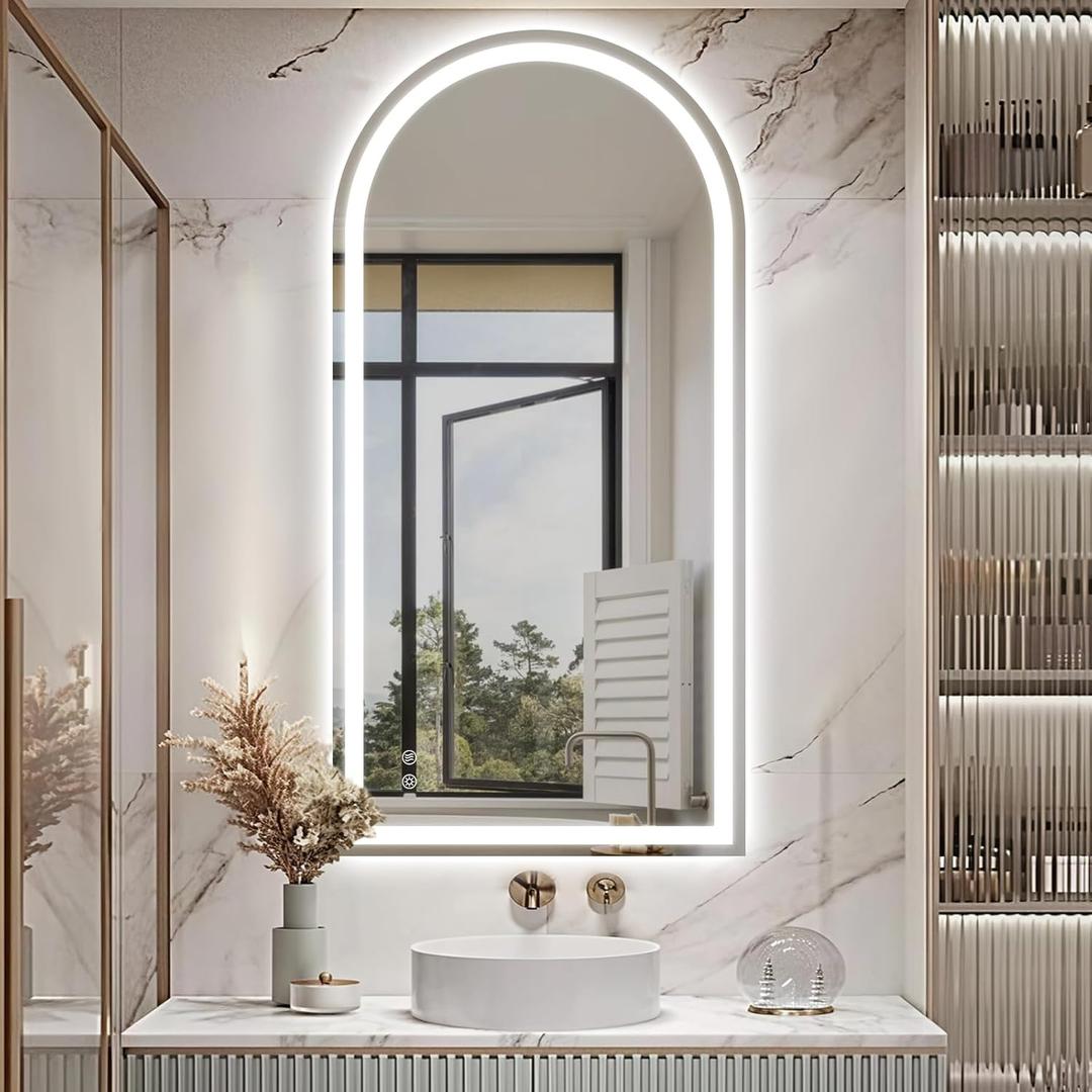 Niccy Arched LED Mirror for Bathroom, 48x24 Vanity Mirror with Light Frameless Bathroom Mirror, Smart Lighted Frontlit Mirrors with Memory Function for Bathroom Bedroom Beauty Hair Salon (Horizontal(right-cut))