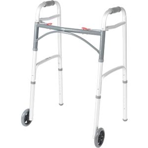 Drive Medical 10210-1 2-Button Folding Walker with Wheels, Rolling Walker, Front Wheel Walker, Lightweight Walkers for Seniors and Adults Weighing Up To 350 Pounds, Adjustable Height, Silver