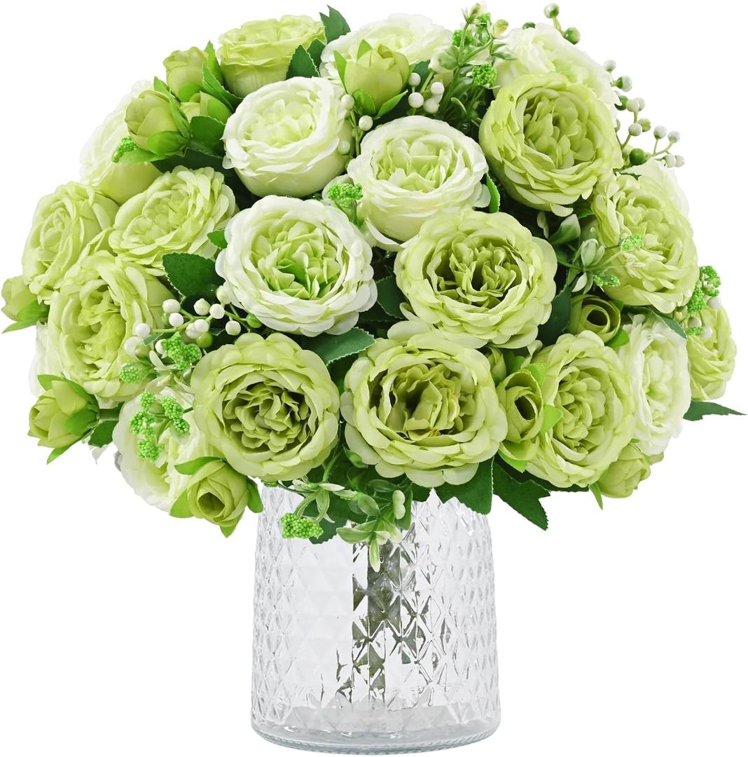 MARTINE MALL 2 Packs Peonies Artificial Flowers, Mixed Green Artificial Peonies, Silk Peonies Flowers Fake Peonies Artificial Peony Flowers for Centerpiece Table Wedding Party Home Decor