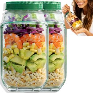 2 x TOPMELON Salad Pod Mason Jar with Side Open, Portable Salad Container, Salad Jar with Dressing Cup, Suitable for Work, Outdoor, Travel (2PCS)