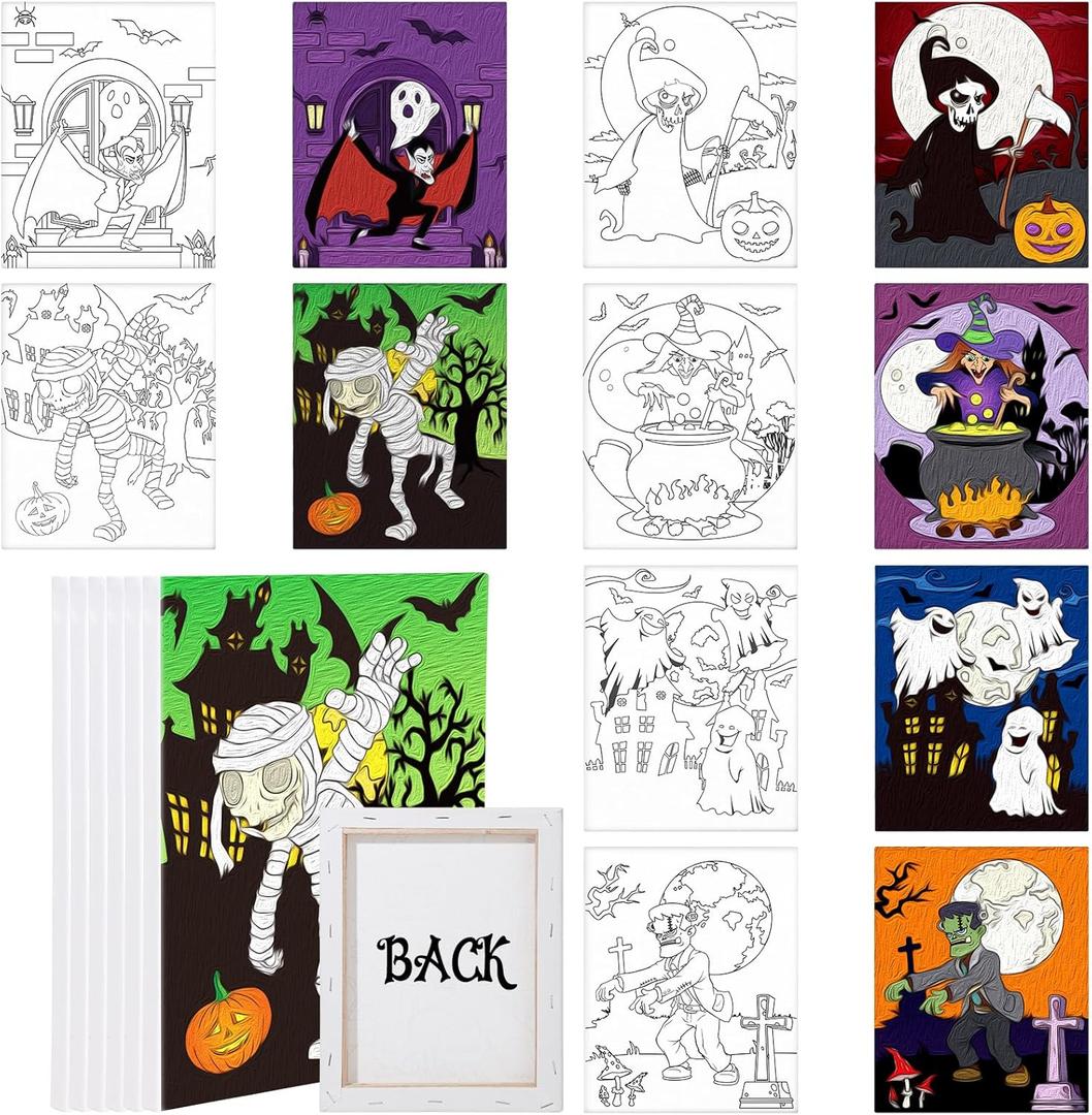 Cindeer 6 Packs 8 x 10 Inches Halloween Pre Drawn Canvas for Adult Framed Pumpkin Witch Bundle Stretched Painting Canvas DIY Halloween Acrylic Pouring and Oil Painting Party Favor(Novel)