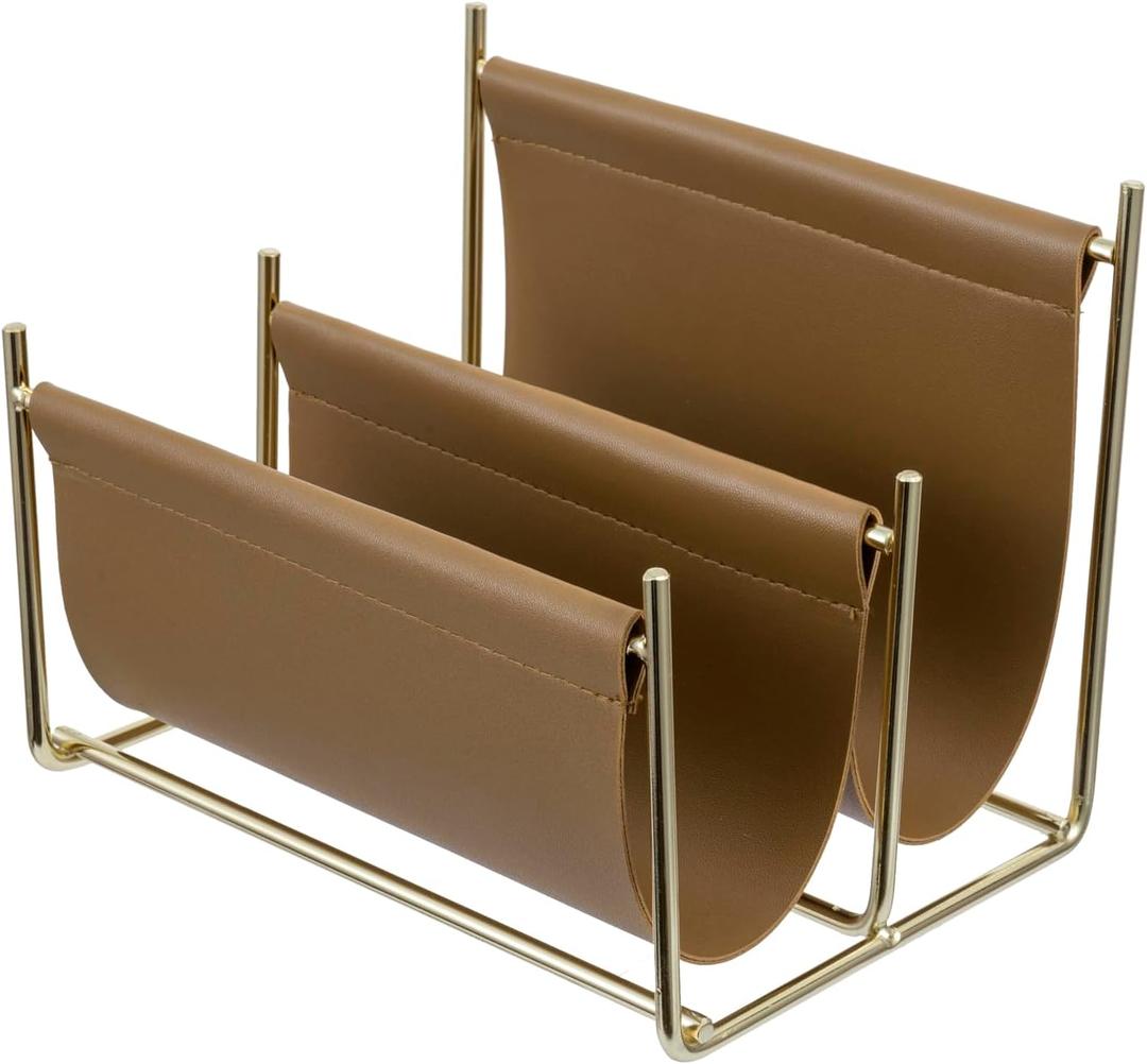 MyGift 2 Slot Modern Mail Holder, Deluxe Brass Tone Metal and Toffee Brown Leatherette Sling Entryway or Desktop Tabletop Letter Sorter