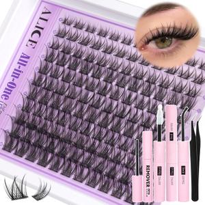 Wispy Lash Clusters Kit Natural Lash Extensions Kit DIY Cluster Eyelash Extensions C-Curly 8-16mm Individual Lashes Kit with Lash Remover Black Bond and Seal Soft Thin Band by ALICE