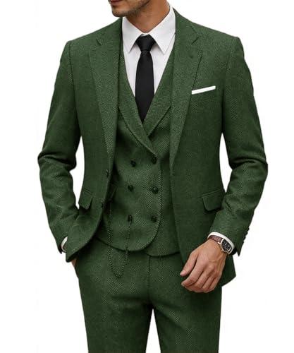 Ciwolce Men's Suits Tweed Green 3 Piece Wool Suit Slim Fit Tuxedo Jacket and Dress Pants Tie Set for Wedding Business Daily, 2XL