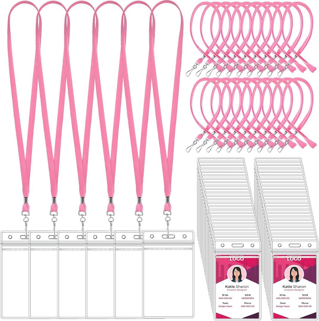Marspark 100 Set Lanyards with ID Holder Clear ID Badges Bulk for Cruise Ship Cards, Essentials for Carnival Waterproof Plastic Card Holders for Adults Kids Business School Office Supplies (Pink)