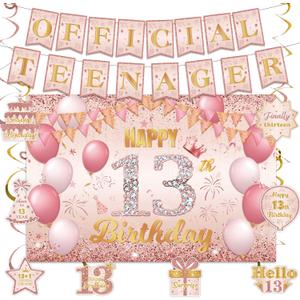13th Birthday Decorations for Girls, Rose Gold Official Teenager Party Decorations Happy 13th Birthday Backdrop Official Teenager Banner and Hanging Swirls for 13 Birthday Girl Decorations