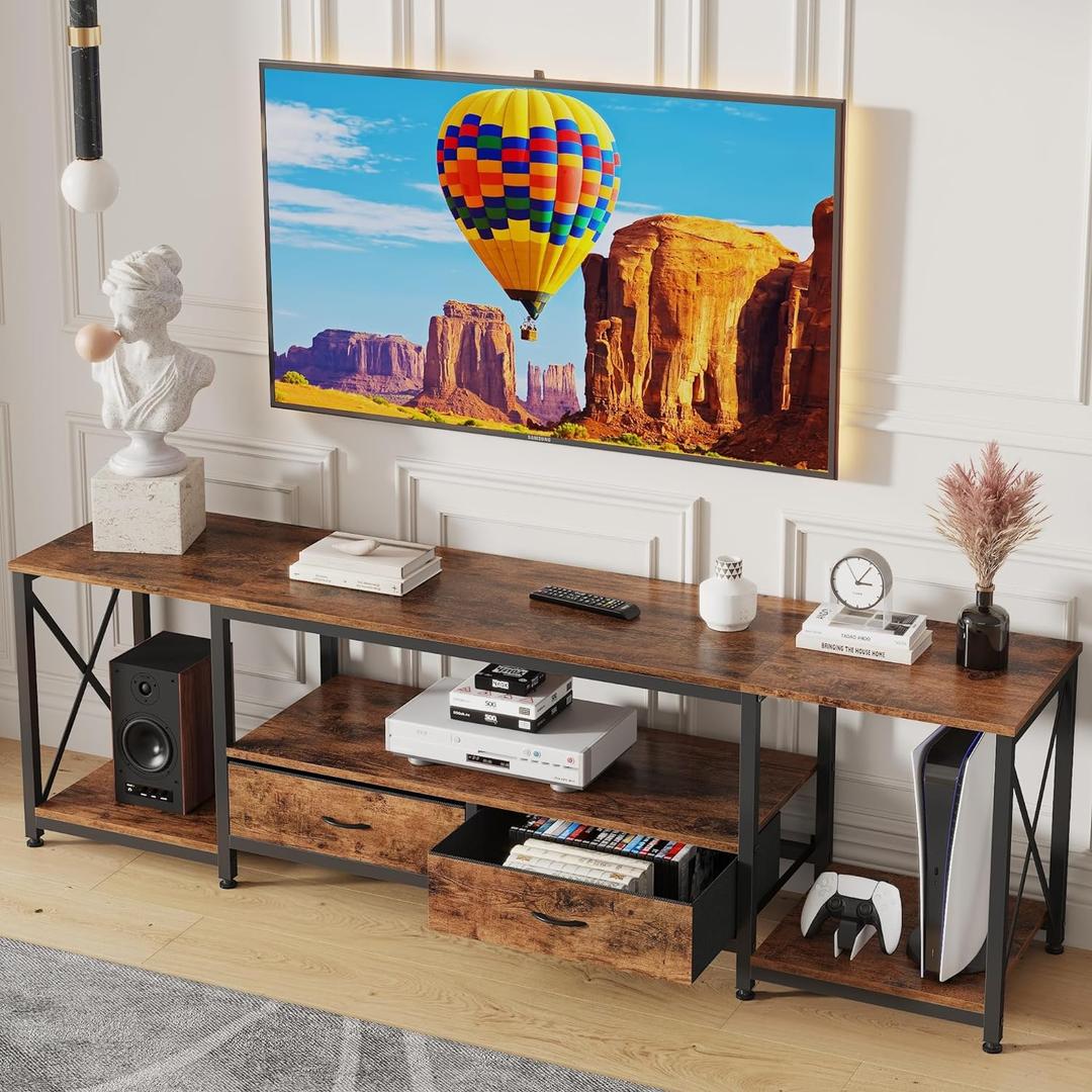 TV Stand with Fabric Drawers - Entertainment Center and Industrial Console Table with Open Storage Shelves for Living Room, Bedroom - 71.5" Rustic Brown