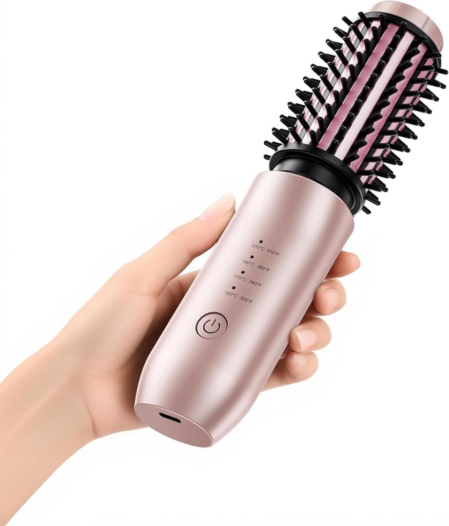 CARESKY Cordless Curling Iron Brush, 1.5 Inch Mini Travel Hair Curler with 200 Million Negative Ions, Portable Heated Round Straightener Brush Rechargeable for Curl, Touch-Up (Pink Champagne)