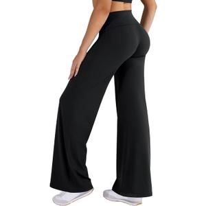VOYJOY Fold Over Straight Leggings Womens Wide Leg Yoga Pants No Front Seam 31.5" Mid Low Waist Stretch Sweatpants (Medium, Black)