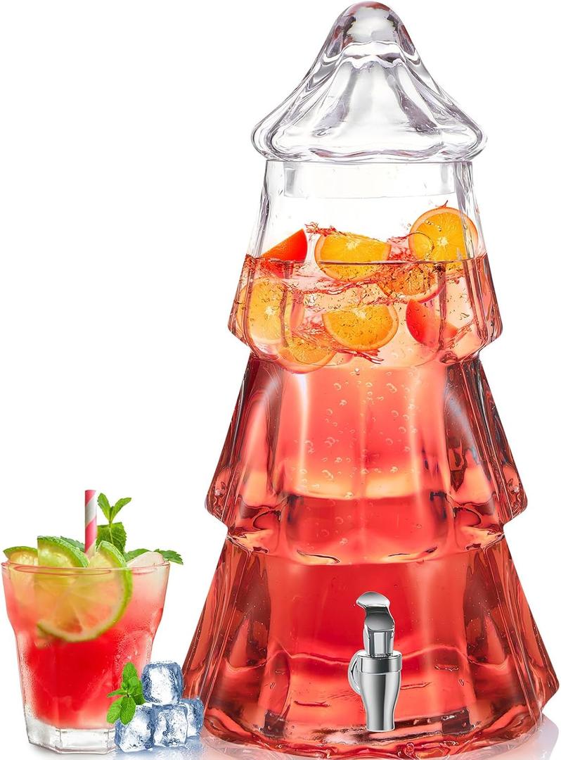 1 Pcs 1.3 Gallon Christmas Tree Glass Drink Dispenser for Parties Beverage Clear Liquor Dispenser Xmas with Spigot for Home Bars, Water, Lemonade, Juice