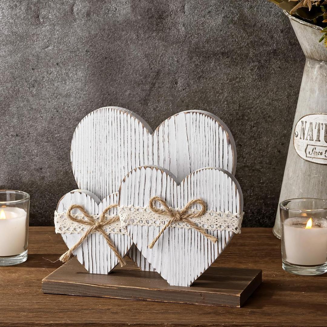 Rustic White Distressed Wood Heart Table Decorations Sign, Farmhouse Valentines Galentines Day Decor, Plain Heart Vintage Lace Bows Tiered Tray Centerpieces Decor for Home Office Mantel Gifts