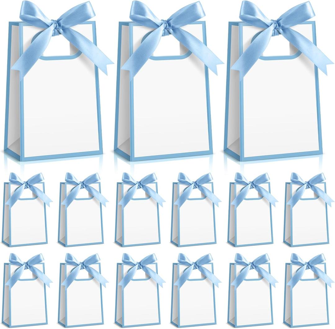 Kolldenn 24 Pcs Small Gift Bags with Bow 6.3 x 3.9 x 2.8 Inch Thank You Gift Bags Elegant Mini Paper Bag with Handles for Wedding Bridal Birthday Baby Shower Bridesmaid Party Favors(White Blue)