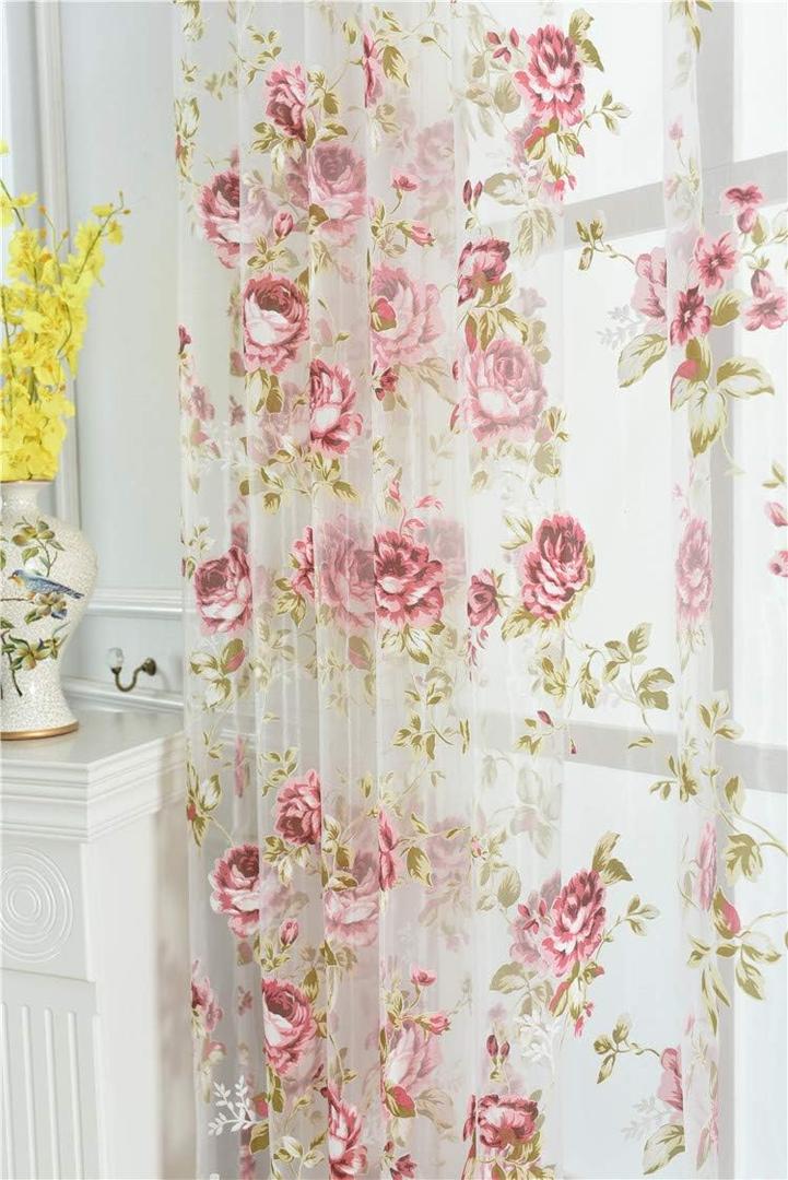 Rod Pocket Top Rose Floral Sheer Voile Curtain, Pink Flower Tulle Transparent Window Treatment for Living Room Bedroom Glass Door, 54 by 96 Inch Each, 1 Set of 2 Panels
