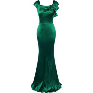 MUXXN Women 50s Style Retro Cap Sleeve Square Neck Satin Evening Cocktail Wedding Guest Long Maxi Dress (Large, Green)