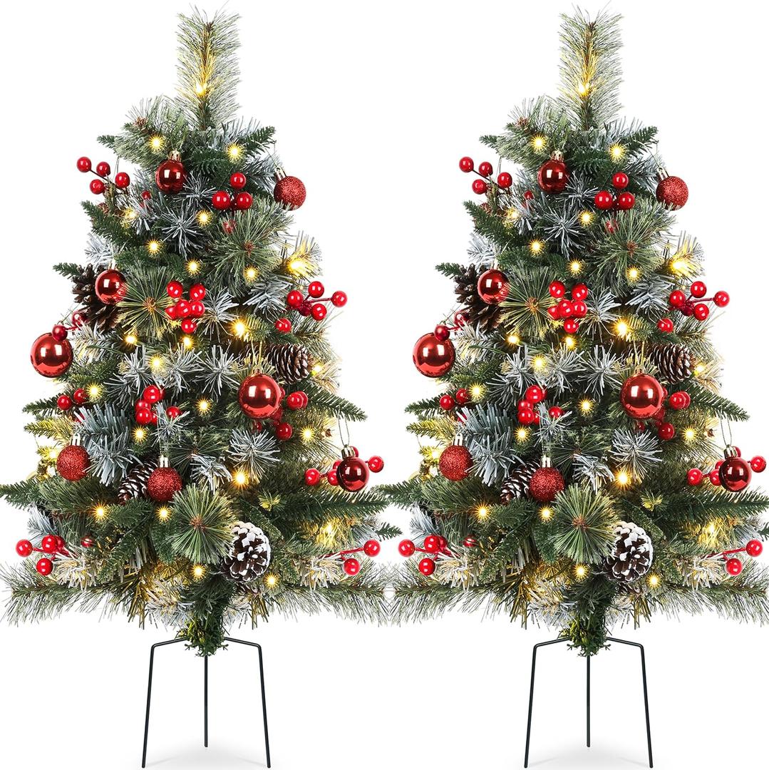 2 Packs 30in Frosted Outdoor Christmas Trees, Pre-Lit Battery Operated Fake Xmas Tree Holiday Decor with Stake, Multi-Color & WW Waterproof String Lights, Red Berries & Balls, Pine Cones