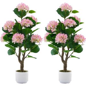 Artificial Hydrangea Tree 2 Pack, 3FT Faux Hydrangea Plant in Pot with Pink Flowers, Greenery Potted Plant for Indoor Outdoor Office Home Porch Decor, Pink