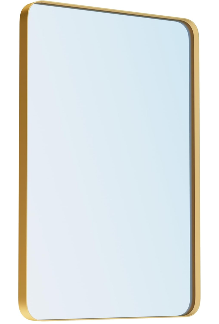 Gold Bathroom Mirror for Wall, 24 x 32 Inch Metal Framed Rounded Rectangle Vanity Mirror Modern Farmhouse, 1/4-inch Shatterproof Glass | Ultra-Flush Hanging