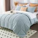 KASENTEX Twin Size Comforter Set 3 Piece,Seersucker Breathable Fabric,Lightweight Fluffy Down Alternative,Box Stitch Quilting, All Season Machine Washable with 2 Pillow Shams, Grey Blue