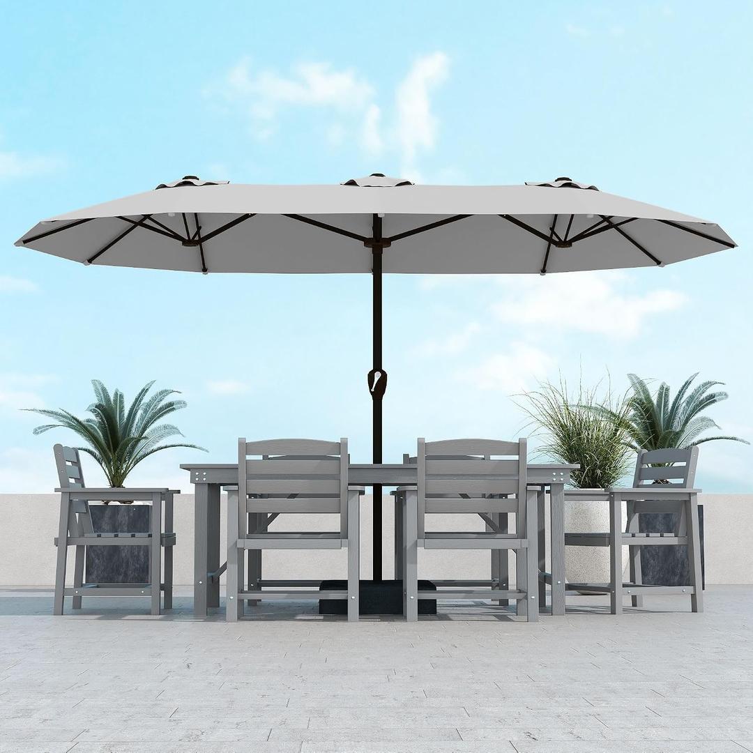 Kingdura 15ft Large Patio Umbrella with Base Included, Double-Sided Rectangle Outdoor Table Umbrella with 12 Reinforced Ribs, Crank Lift for Market Pool Deck Backyard, Light grey