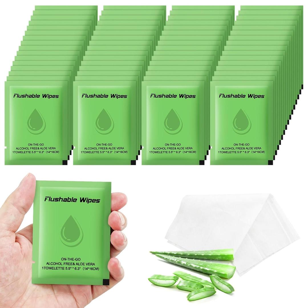 twoworld Flushable Wipes Travel Size Individually Wrapped for Women and Men,Unscented Wet Wipes Travel Size for Adult,Women,Men,Girl and Homeless (Green,Pack of 50)