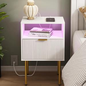Modern Nightstand with Charging Station and LED Lights, White Bedside Table with Drawer, Fluted Side Table for Living Room, Bedroom, 15.7 inches x 11.8 inches x 23.6 inches