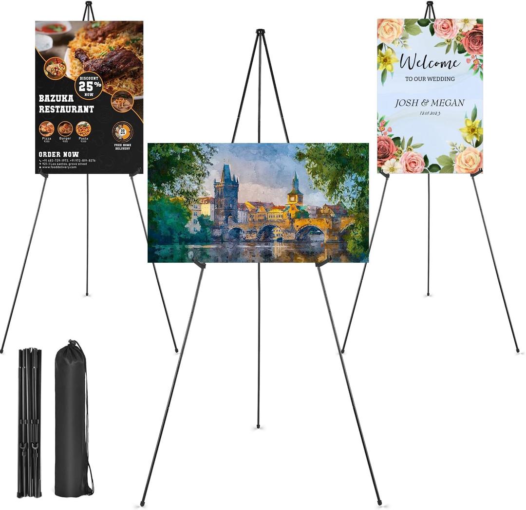 3 Pack Easel Stand for Display Wedding Sign & Poster, 63" Black Portable Metal Painting Easels Adjustable Art Easel for Painting, Tripod Collapsible Floor Easel for Display Show, Arts