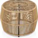 Boho Rattan Round Coffee Table Outdoor with Metal Frame, All-Weather and Rust Resistant, Handcrafted Coastal Furniture for Patio, Poolside, Garden, Yard, Natural Brown