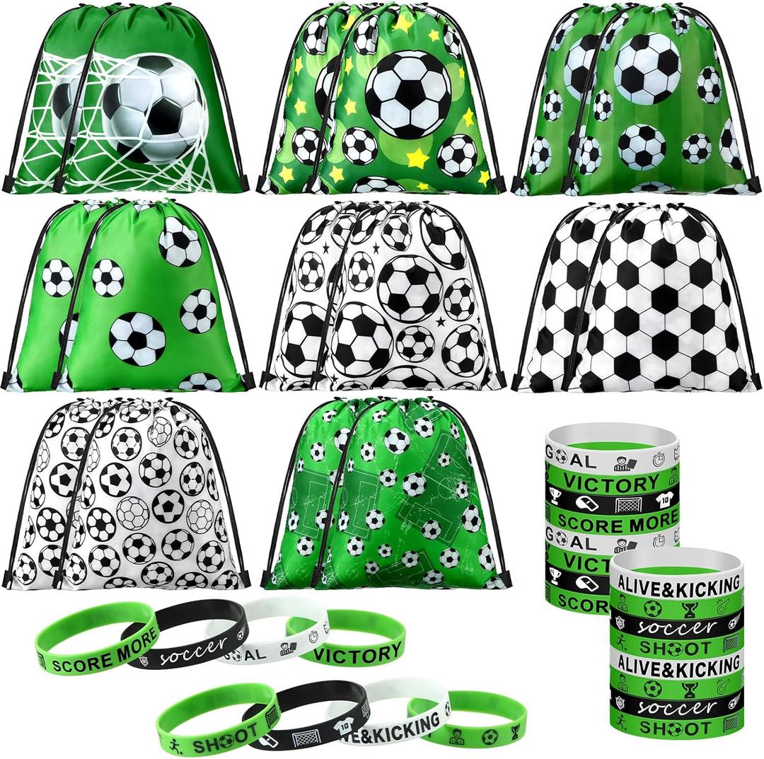 Sadnyy 32 Pcs Soccer Party Favors Set Include 16 Drawstring Goodie Bags 16 Silicone Bracelets Wristband Snack Treat Candy Bags for Birthday Party Team Gift Stuffers Supplies