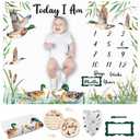 Guiqulai Mallard Duck Monthly Milestone Blanket for Baby Boy Flannel Newborn Infant Swaddle Growth Chart Photography Background with Baby Birth Signs, Felt Frames, Bibs