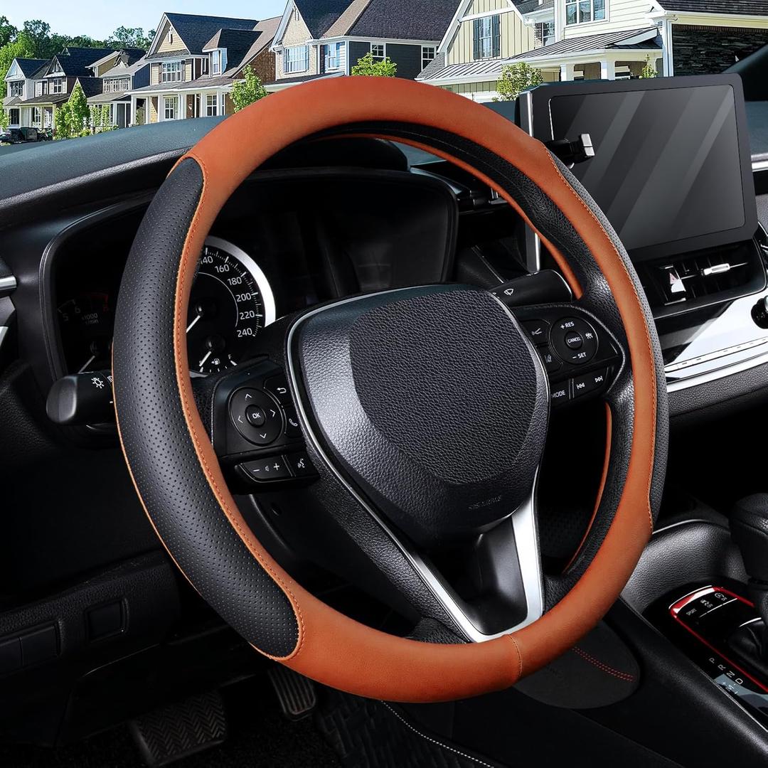 SEG Direct Steering Wheel Cover for 14.5-15 inch Wheels, Breathable PU Leather with Perforated Sides, Anti-Slip Grip, Universal Fit for Cars & SUVs, Black and Orange
