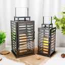 TRIROCKS Set of 2 Stainless Steel Lantern 15 &12" H Decorative Candle Lanterns with Tempered Glass Panels Indoor & Outdoor Candle Holder for Living Room Weeding Parties Events - Nickel Black Finish