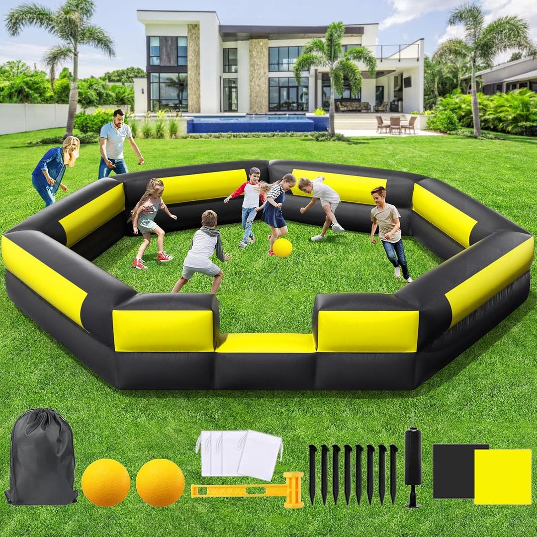 Inflatable Gaga Ball Pit, Portable Gaga Ball Pit for Indoor Outdoor Game, Backyard, Park, School, Camp, Home | Gaga Pit with Built-in Blower, Gaga Ball, Carry Bag, Sandbags etc (Black+Yellow, 20FT)