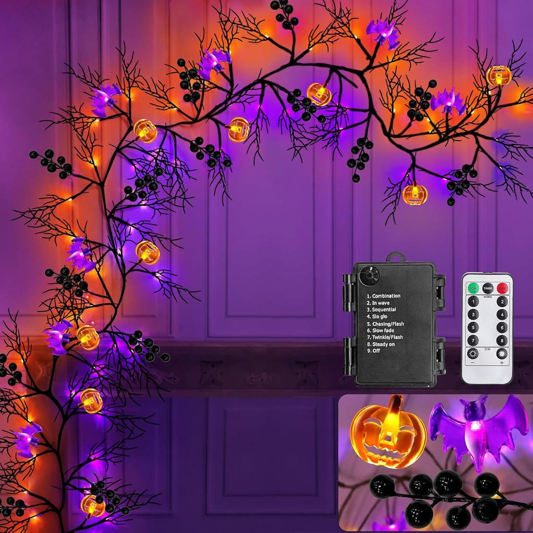 TURNMEON Remote Control Extra Long 9 Ft 72 LED Orange Purple Lights Halloween Willow Twig Decor Halloween Garland Timer 8 Modes Berries 12 Bat Pumpkin Lights Battery Halloween Decorations Indoor Home