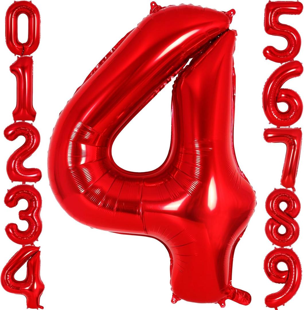 Red Number 4 Balloon 40 Inch, Big Large Foil Helium Number Balloons, Jumbo Giant Mylar Number 4 Balloons for 4 Year Old Birthday Red Party Decorations Supplies Anniversary