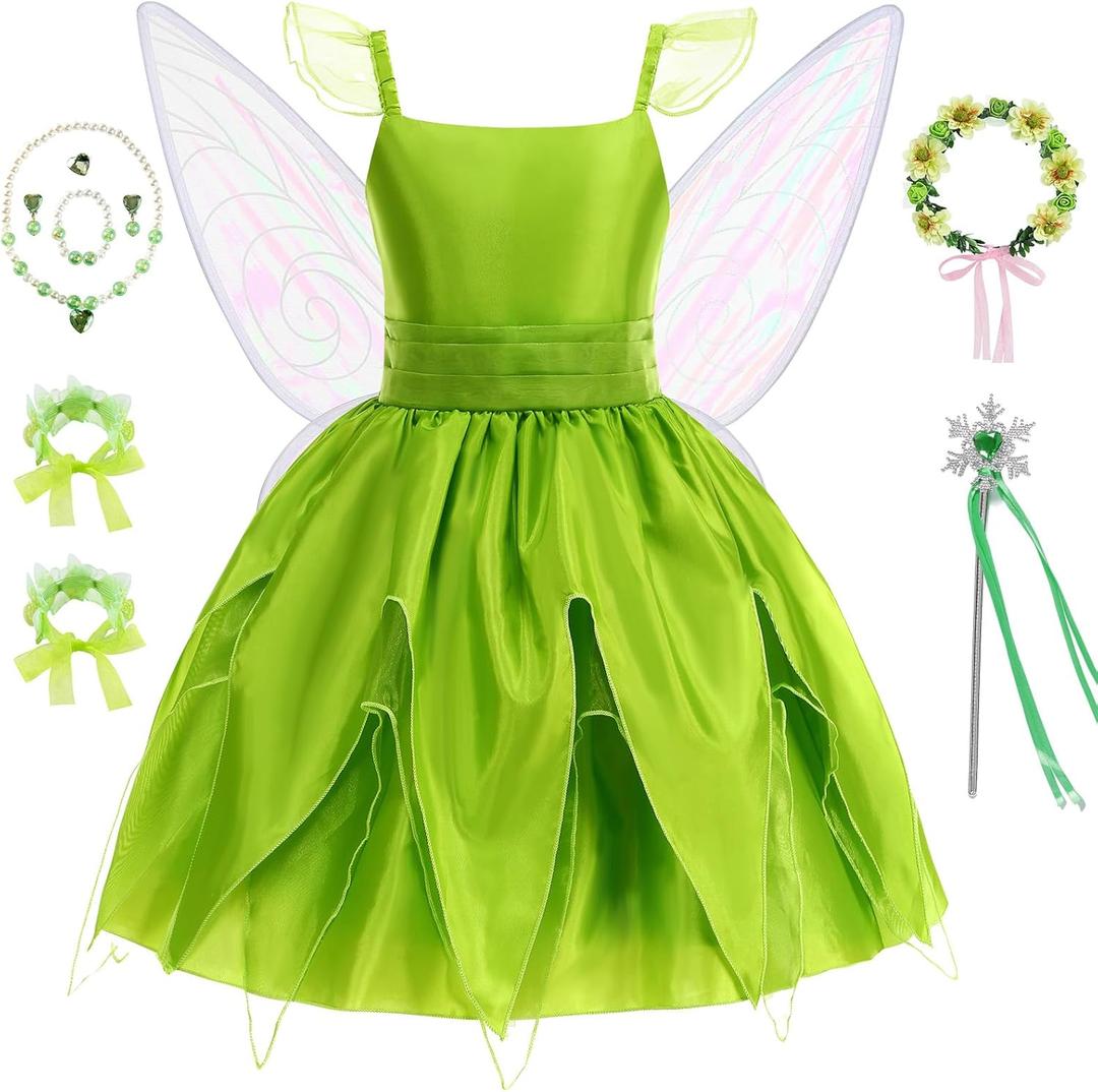 Fairy Costume for Girls Princess Dress with Wings and Accessories (5-6T, Green)
