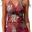 Women Two Piece Tankini Halter Padded Adjustable Drawstring Swimsuit with Boyshorts (Large, Red Flowers Print)
